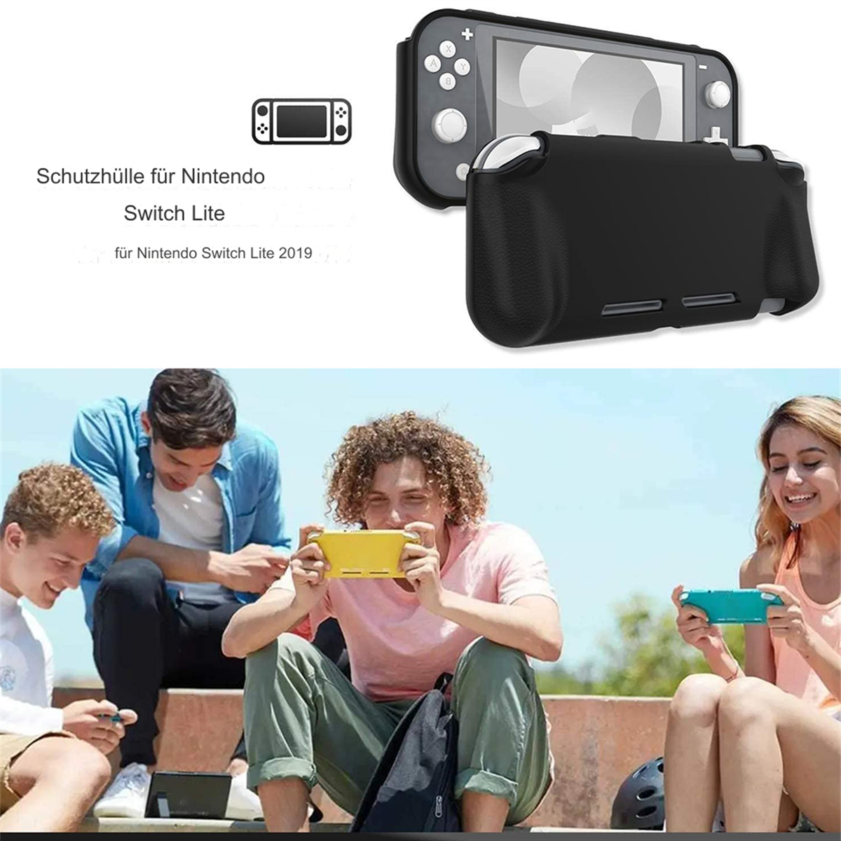 Eine schwarze Nintendo Switch Lite Hülle und drei Personen, die auf farbigen Konsolen spielen.