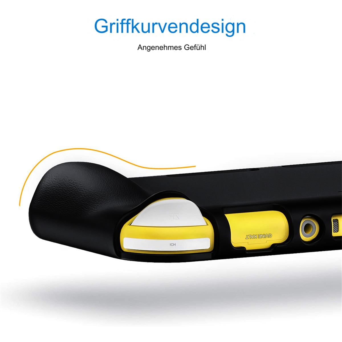 Schwarzer Gamecontroller-Griff mit gelben Knöpfen. Gelber Text sagt 'GYNEVAVT'.