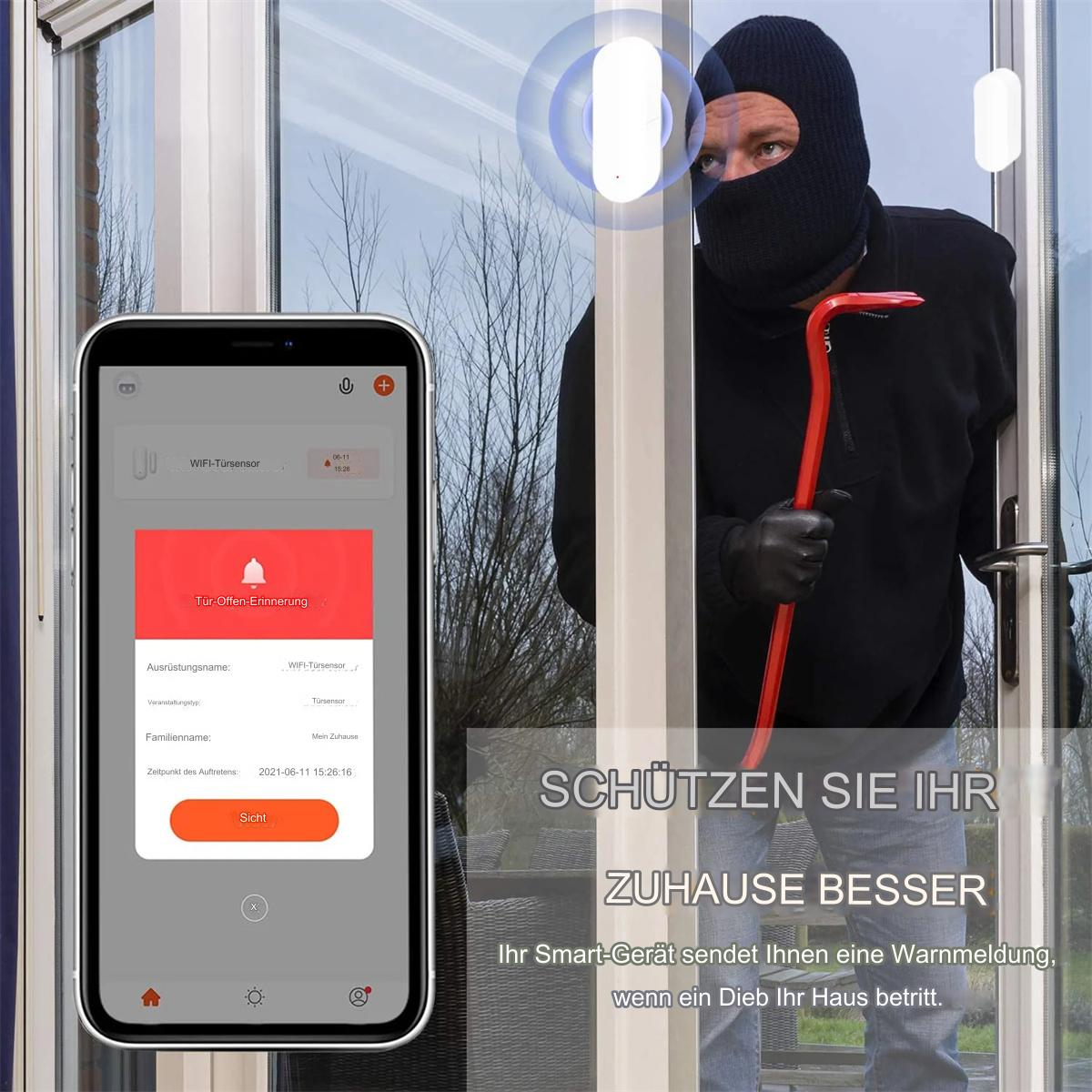 Person mit Sturmhaube hält Brecheisen, Telefon zeigt Sicherheits-App.