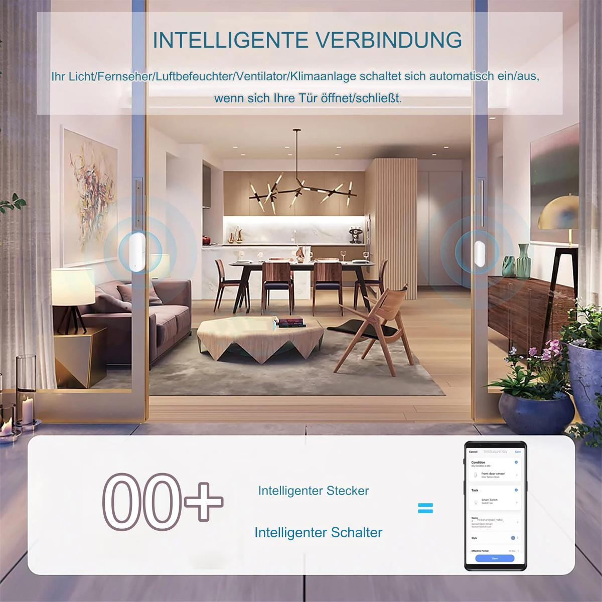 Eine Innenszene mit einer Schiebeglastür, die Smart-Home-Technologie mit einer Smartphone-Oberfläche und einem Smart-Plug zeigt.