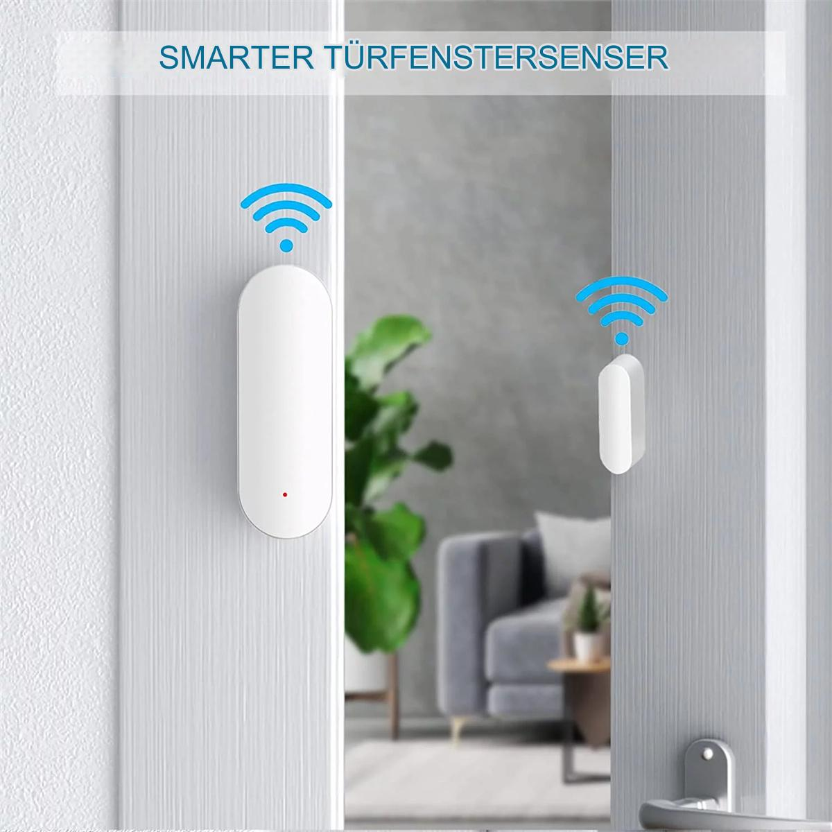 Zwei weiße Türsensoren an einer Tür. Sie haben ein WLAN-Signal-Symbol. Der Hintergrund zeigt ein Wohnzimmer.
