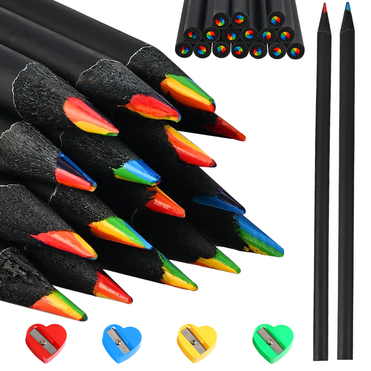 Schwarze Farbstifte mit Regenbogenspitzen. Unten sind vier Spitzer.