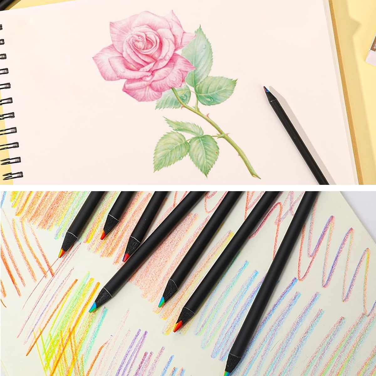 Zwei Bilder von Zeichnungen. Eine ist eine Rose, die andere von Buntstiften.