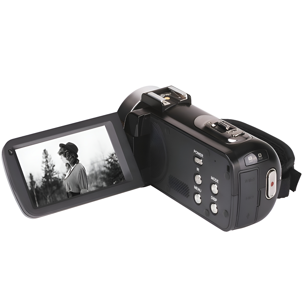 Schwarze Camcorder mit ausgeklapptem Bildschirm, der ein Graustufenbild einer Frau zeigt.