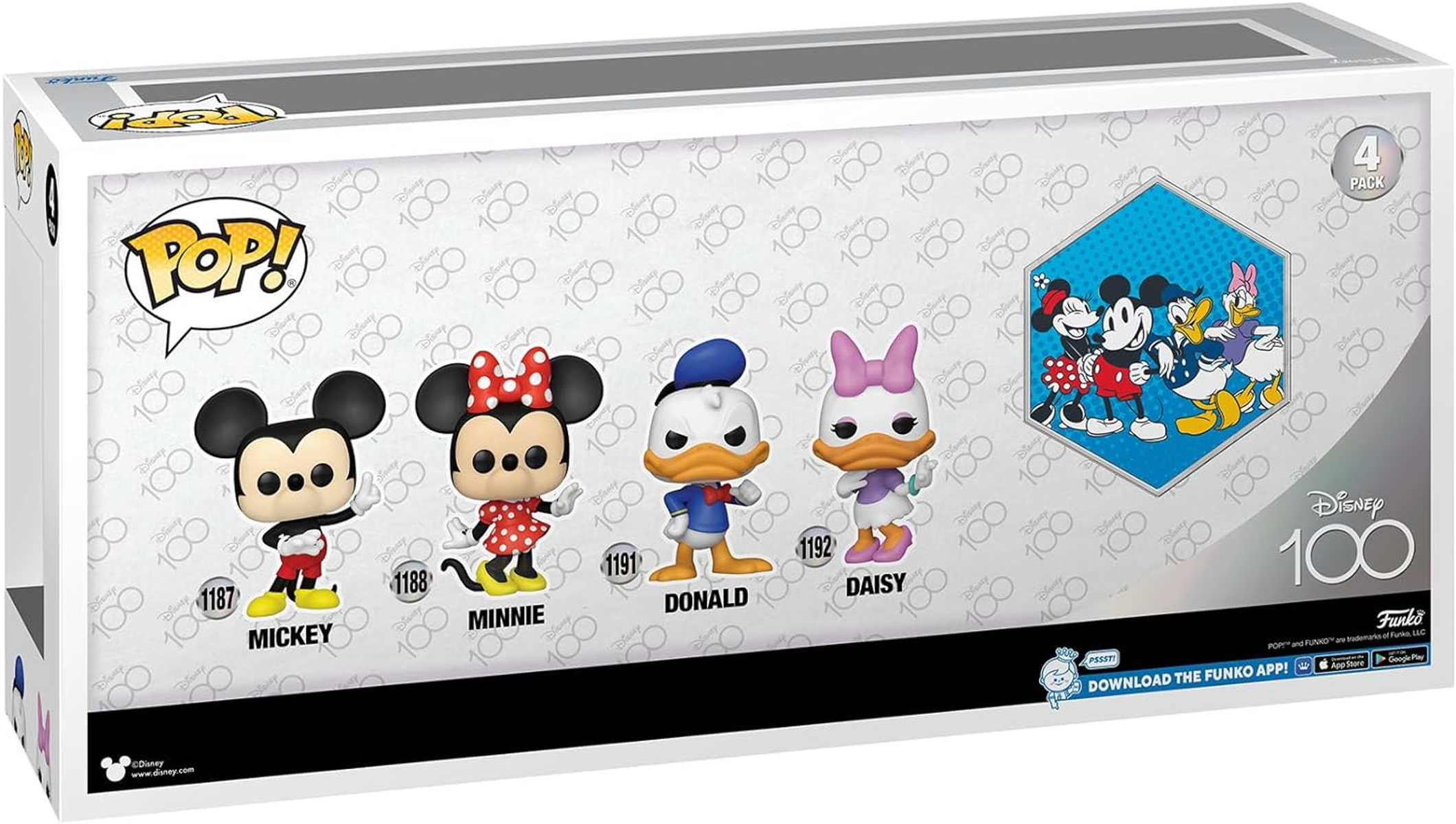 Funko Pop! Disney 100 set di scatole con Topolino, Minnie, Paperino e Paperina.