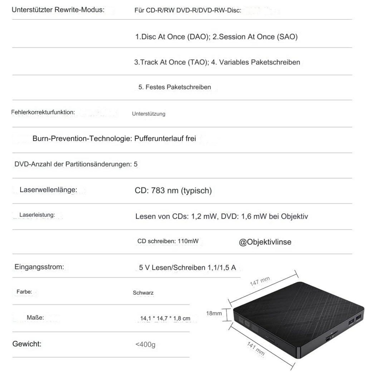 Ein schwarzes, rechteckiges CD-RW-Laufwerk mit Spezifikationen, einschließlich Abmessungen und Diagramm.