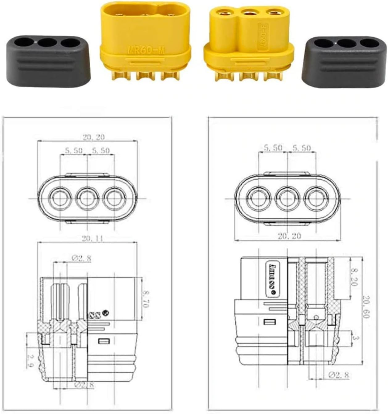 Gelbe und schwarze elektrische Stecker mit Diagrammen und technischen Zeichnungen. Weißer Hintergrund.