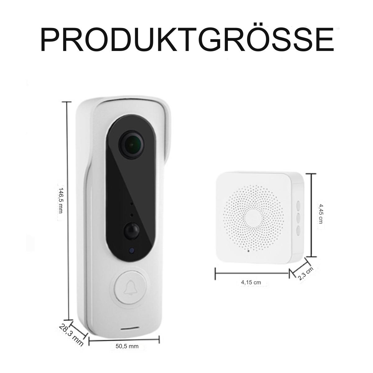 Weiße Türklingel und Empfänger. Abmessungen beschriftet. Produktgrößen Grafik.