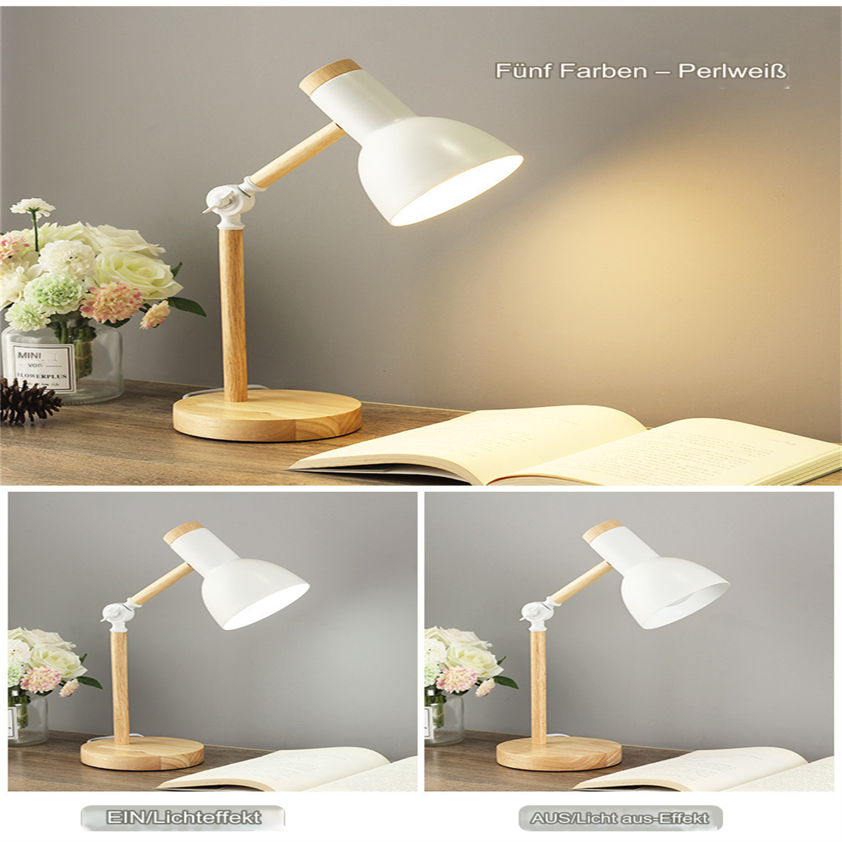 Weiße Schreibtischlampe, Holzfuß, verstellbar, mit offenem Buch und Blumen.