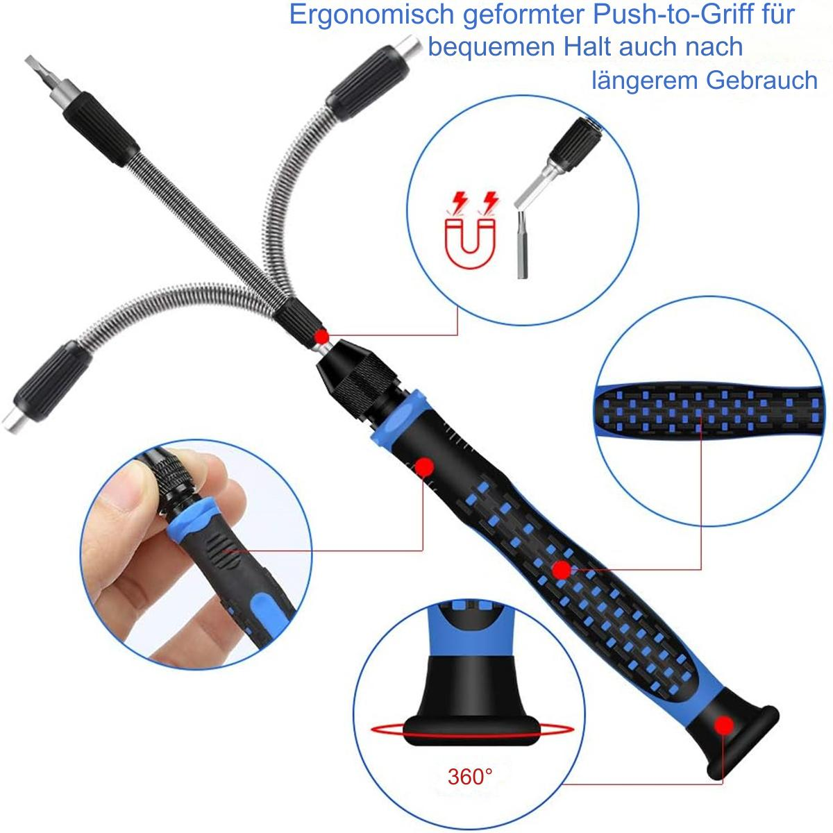 Ein Schraubendreher mit flexiblem Verlängerungs- und austauschbaren Bits. Blauer und schwarzer Griff.