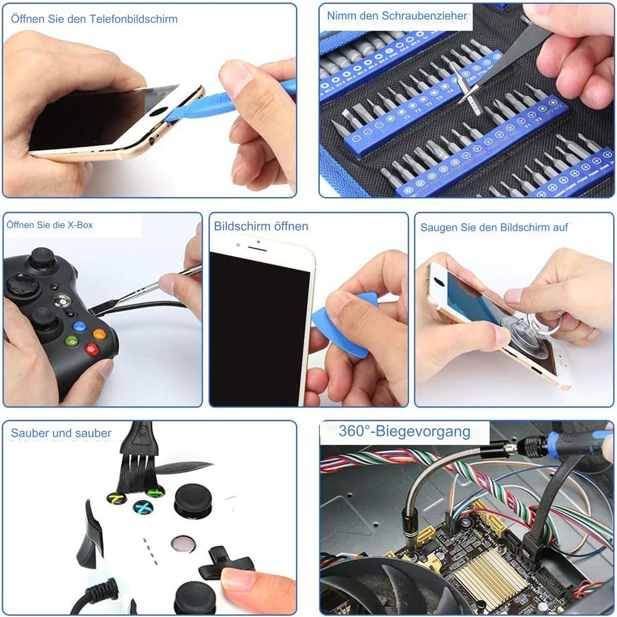 Bilder, die Handyreparatur-Schritte mit Werkzeugen und Handy-Teilen zeigen.