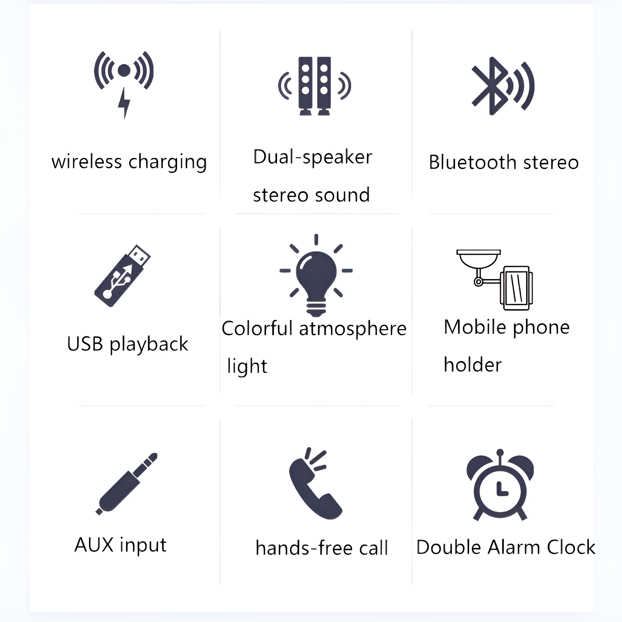 Symbole für kabelloses Laden, Dual-Lautsprecher, Bluetooth, USB, Licht, Telefonhalter, AUX, Anruf und Wecker.