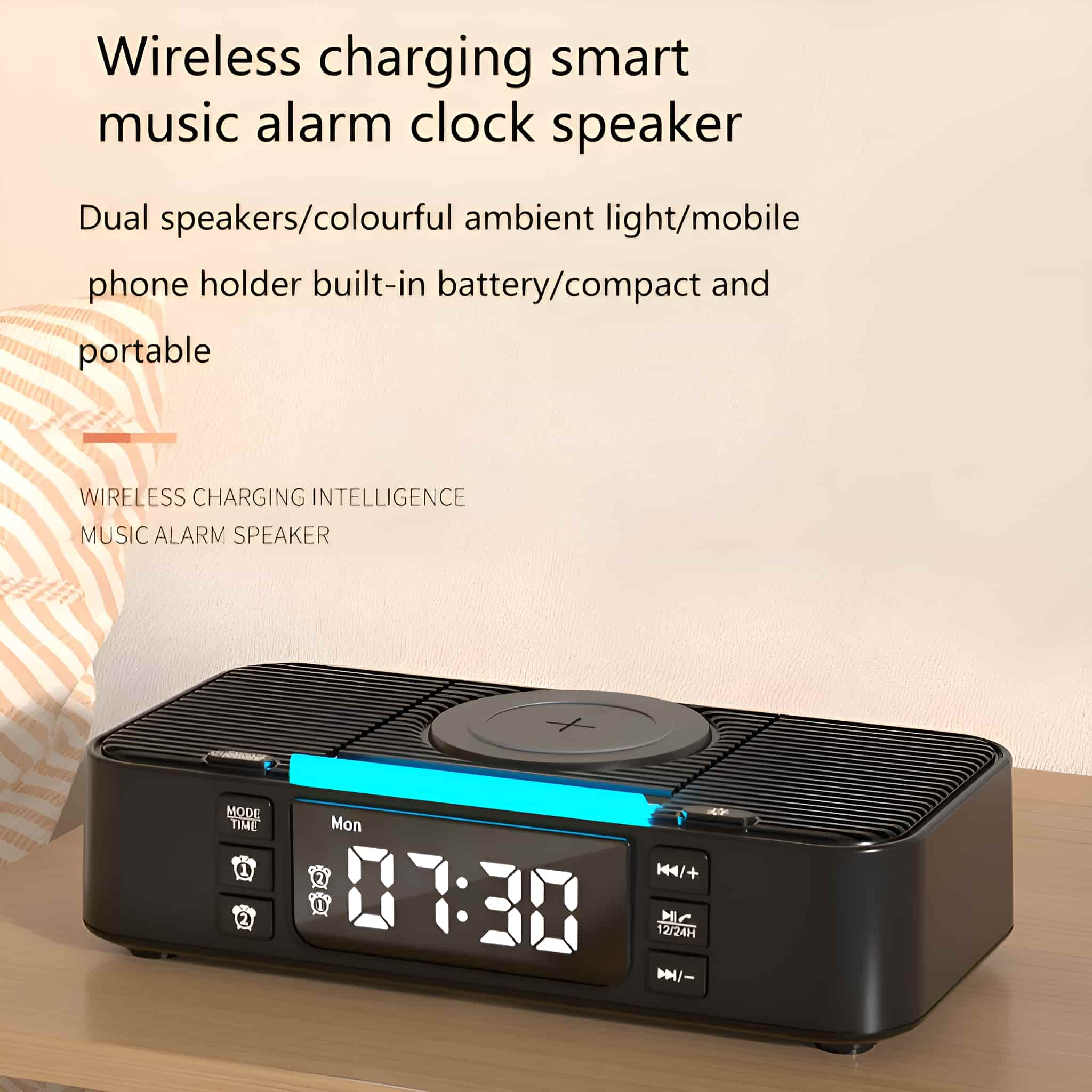 Schwarzer intelligenter Musikwecker-Lautsprecher mit Zeitanzeige.