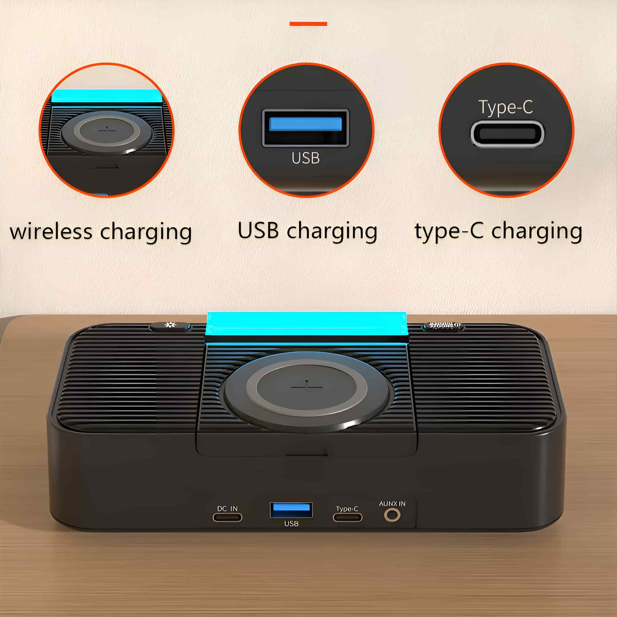 Eine schwarze Ladestation mit kabellosen, USB- und Typ-C-Ladeoptionen.