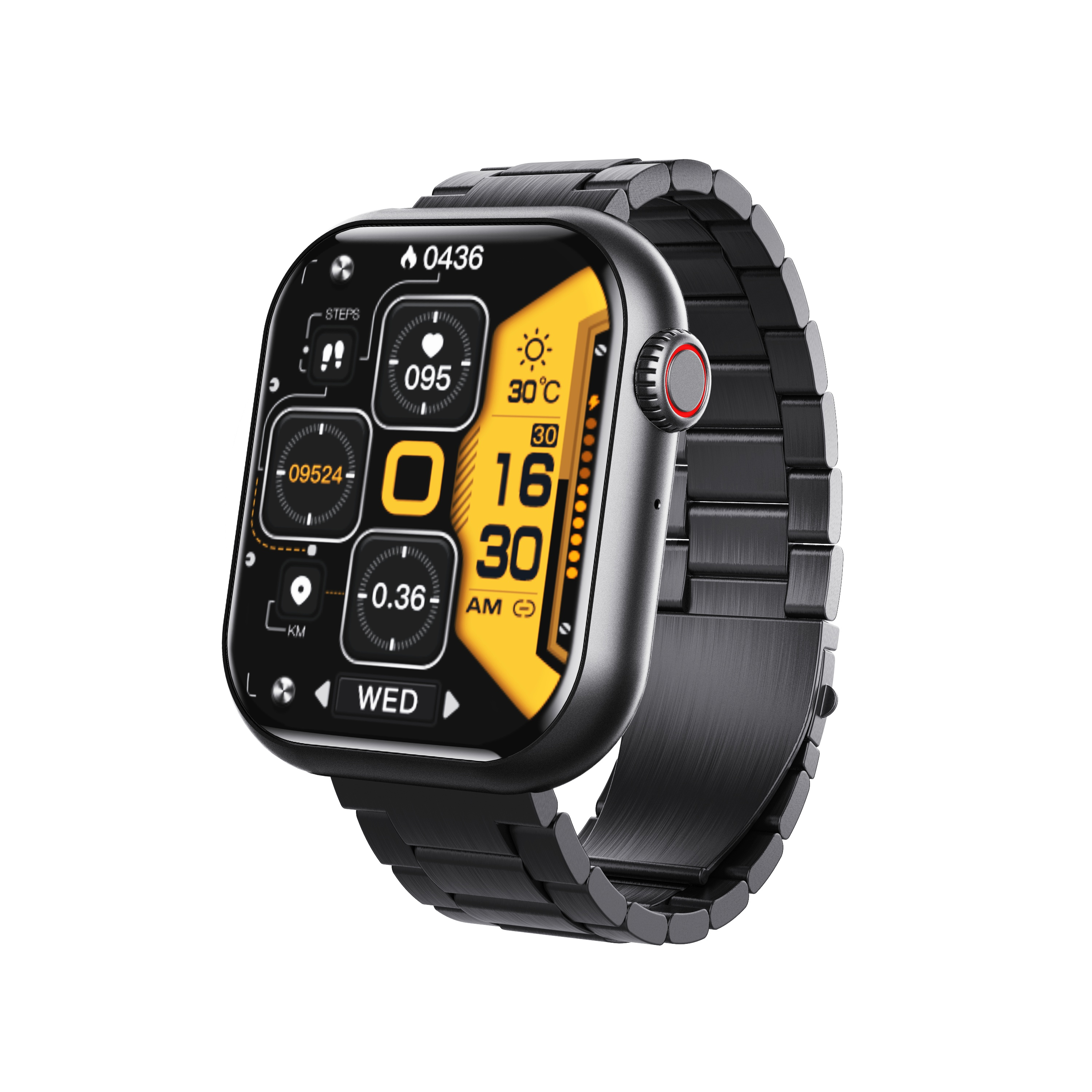 Schwarze Smartwatch mit Metallband. Das Display zeigt Zeit, Datum, Schritte und Temperatur.