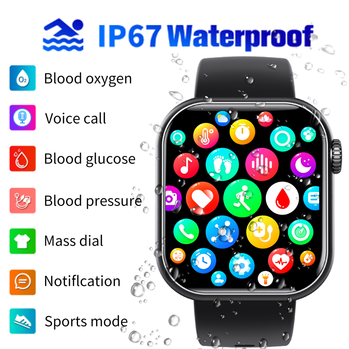 Smartwatch mit Symbolen für Blutsauerstoff, Sprachanruf, Blutzucker und andere Gesundheitsfunktionen.