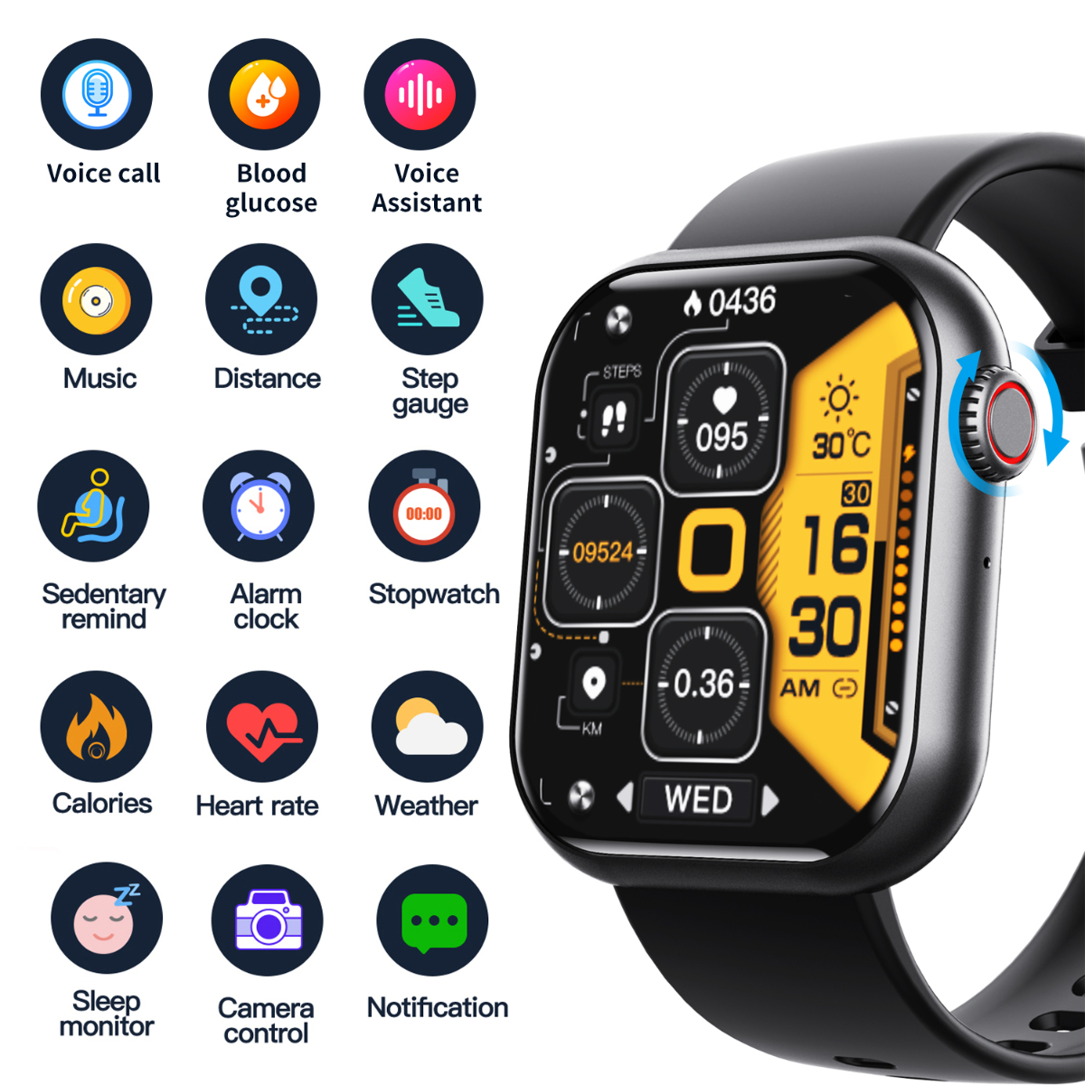 Eine Smartwatch mit Symbolen für verschiedene Gesundheits- und Fitnessfunktionen sowie Zeit- und Temperaturanzeigen.