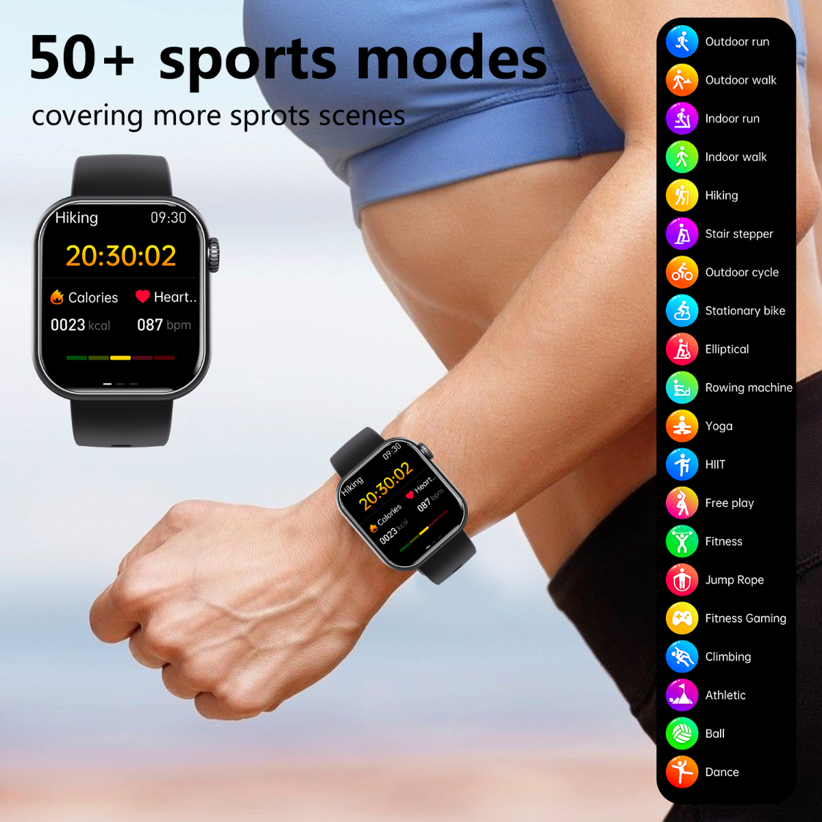 Eine Smartwatch am Handgelenk, mit Aktivitätsdaten. Symbole für Outdoor-Aktivitäten sind rechts aufgelistet.