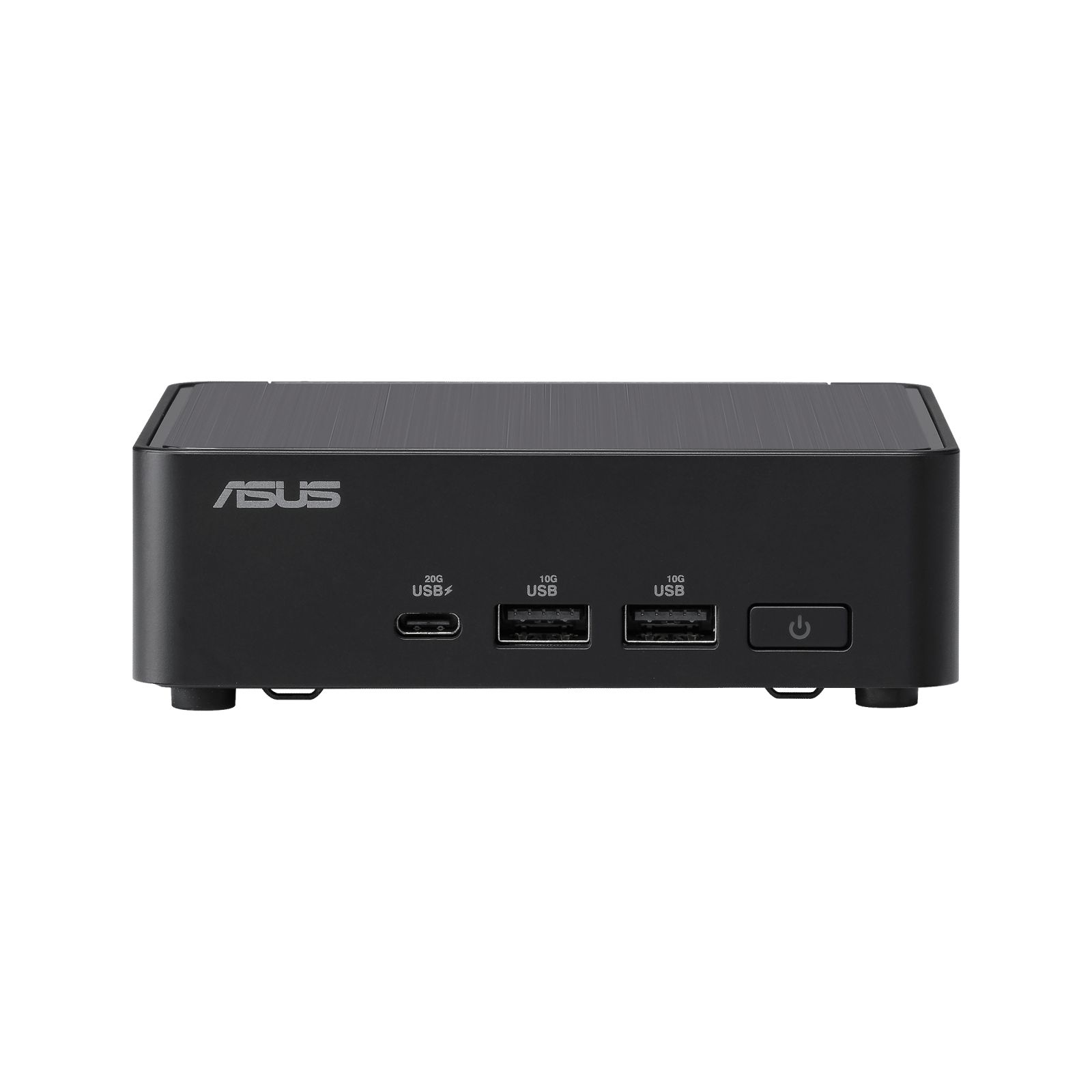 Black ASUS mini PC, ports on front. Has the brand name on top.
