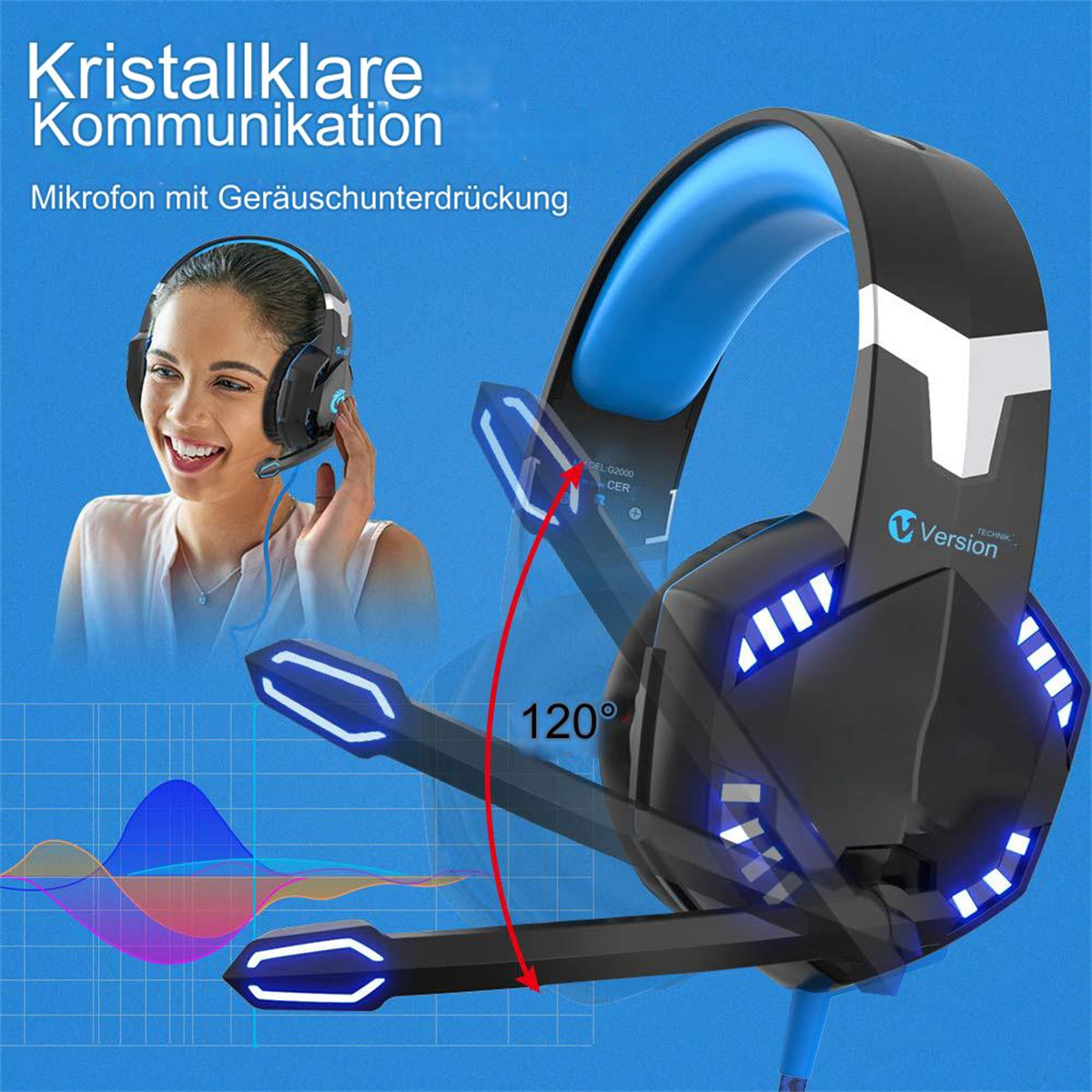 Kopfhörer mit blauen und schwarzen Akzenten, eine Frau trägt sie.