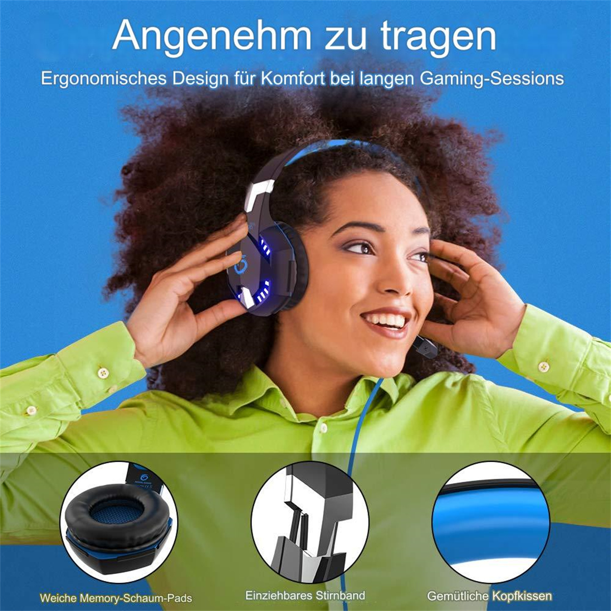 Frau mit Headset und Text über die Funktionen sowie drei Nahaufnahmen.