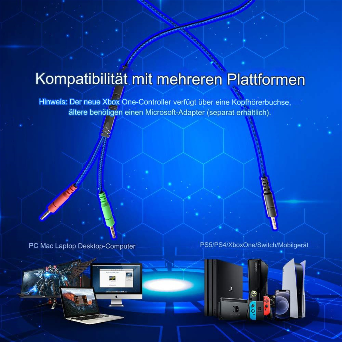 Blaues Kabel mit mehreren Buchsen für verschiedene Geräte. Unten sind Computer, Konsolen und andere Geräte abgebildet.