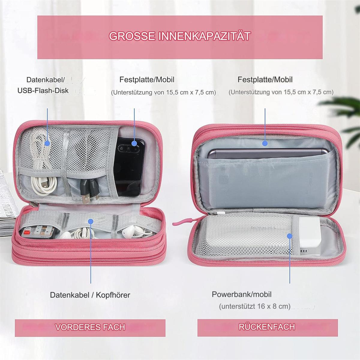 Rosa Organizer-Etui offen mit Fächern, mit Kabeln, Zubehör und einem Mobiltelefon.