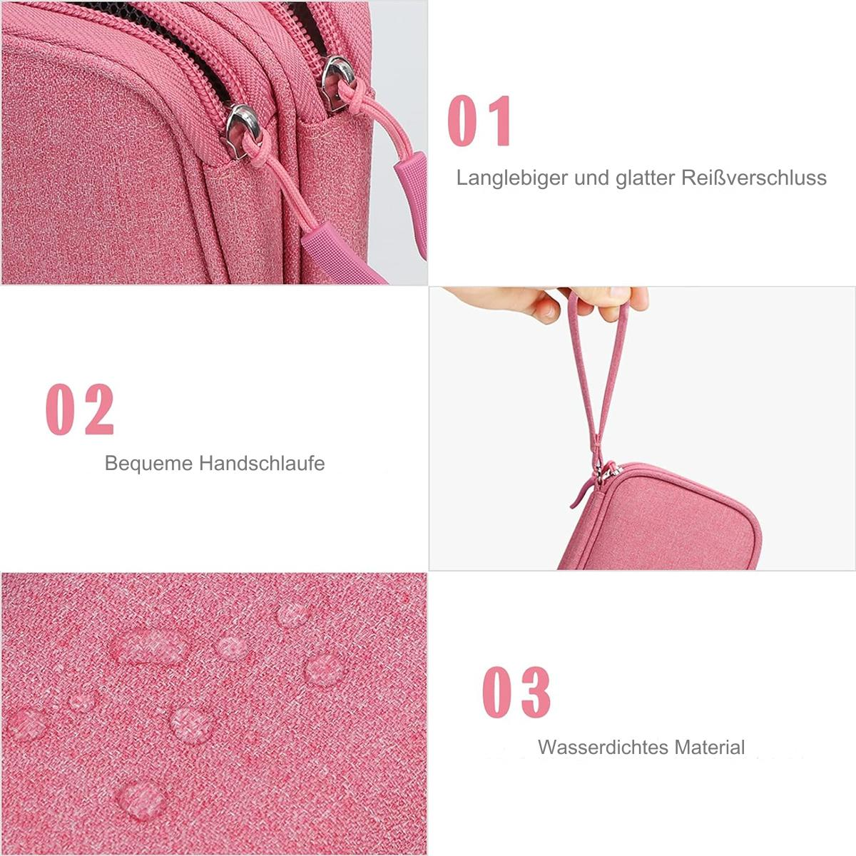 Ein pinkes Federmäppchen mit Reißverschlüssen und einer Handschlaufe. Nahaufnahme zeigt Wassertropfen auf dem Stoff.