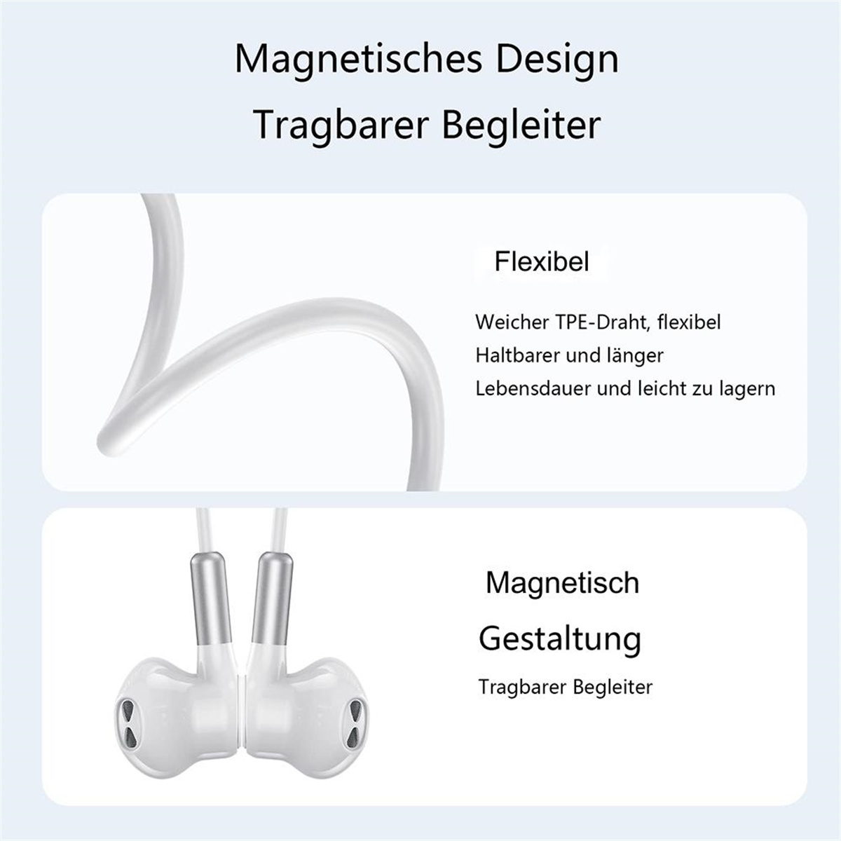 Weiße Ohrhörer und ein weißes Kabel vor hellblauem Hintergrund mit deutschem Text.