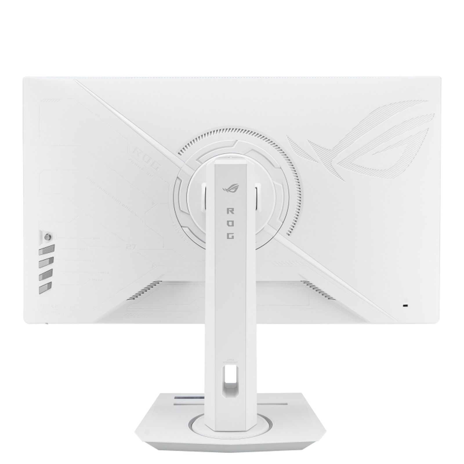 Rückseite eines weißen Monitors mit Ständer, ROG-Logo und Designelementen.
