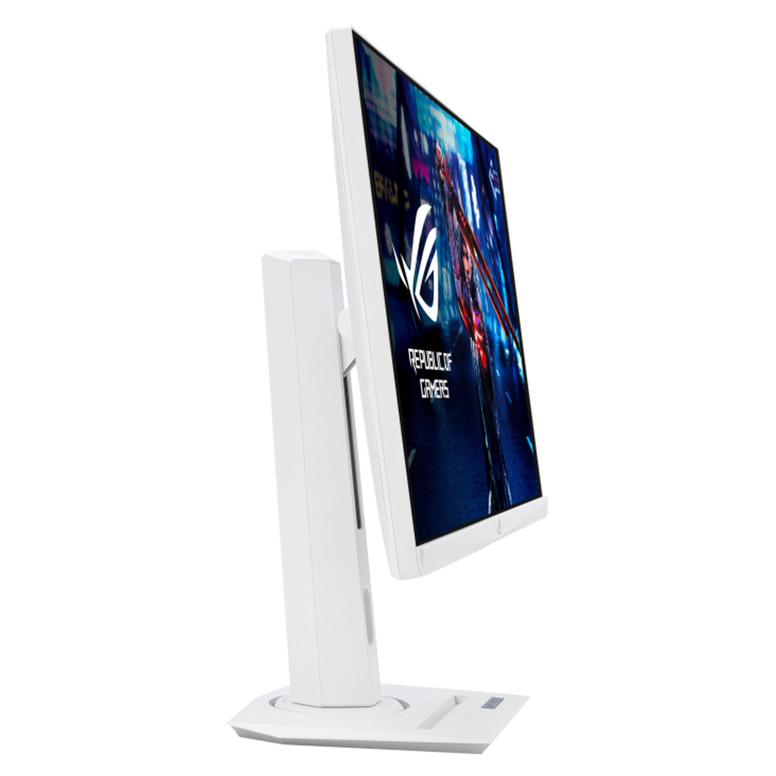 Weißer Computermonitor, seitlich abgewinkelt. Zeigt eine farbenfrohe Stadtlandschaft.