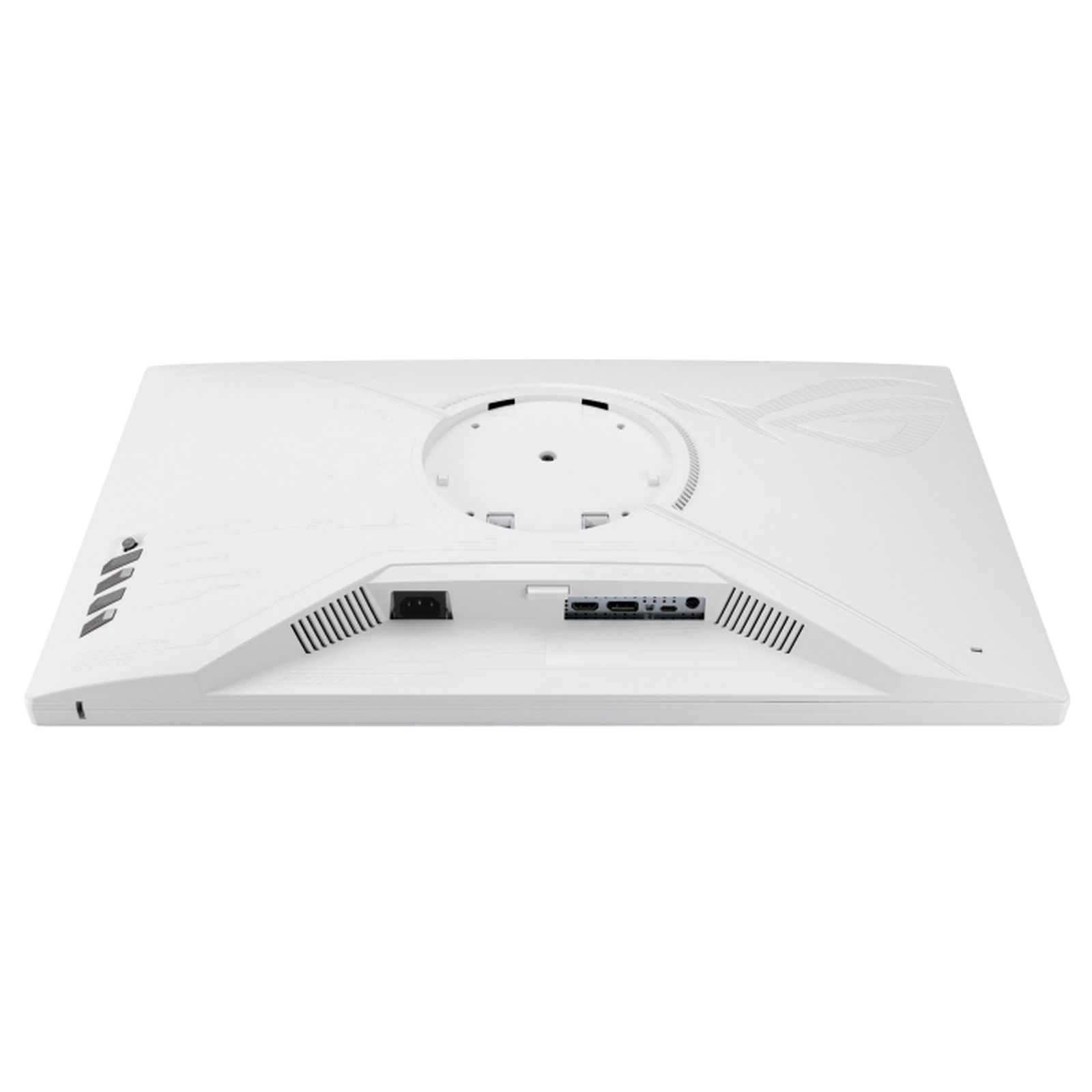 Ein weißer Computermonitor mit Anschlüssen und Lüftungsschlitzen auf der Rückseite.