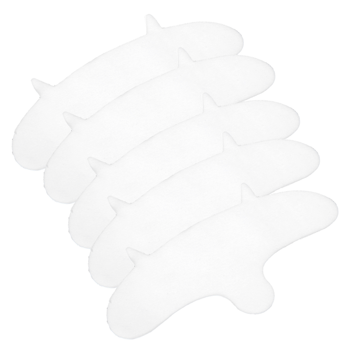 Sechs weiße, stilisierte, gebogene Formen, diagonal angeordnet. Die Formen sind glatt und symmetrisch.