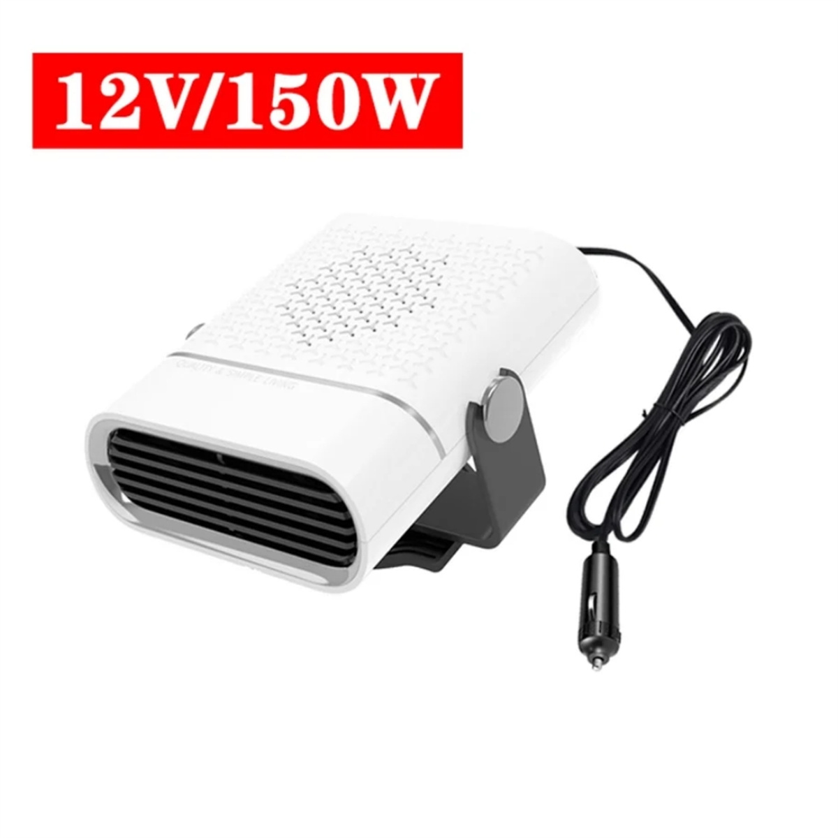 Ein weißer Autoheizer mit schwarzem Netzkabel und rotem 12V/150W-Etikett.