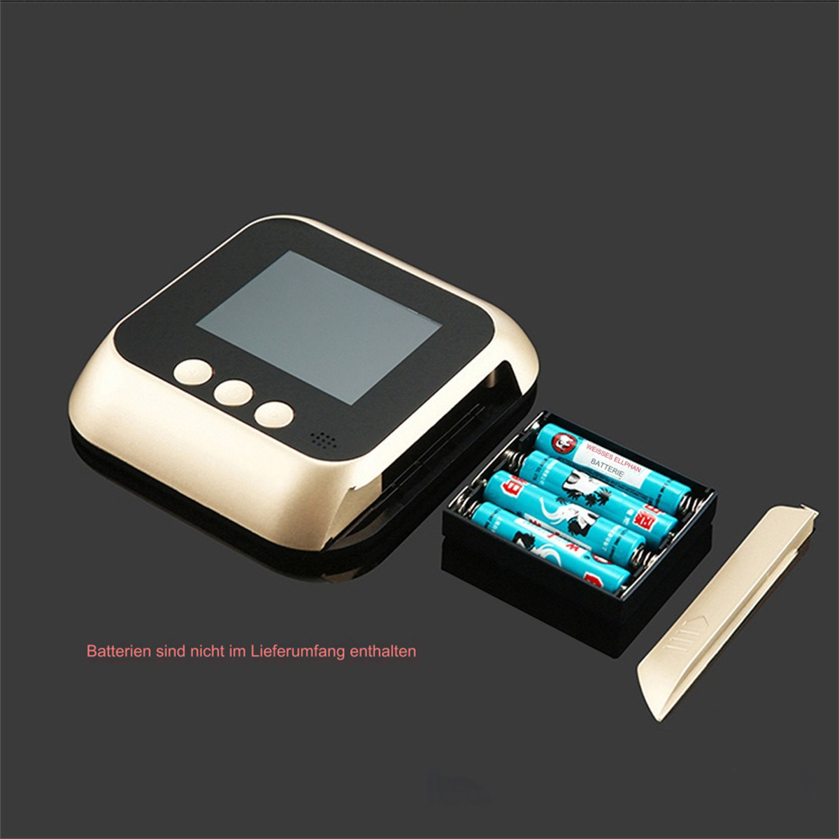 Goldene Smart-Türklingel mit Display und Batterien. Text in Deutsch: Batterien nicht enthalten.