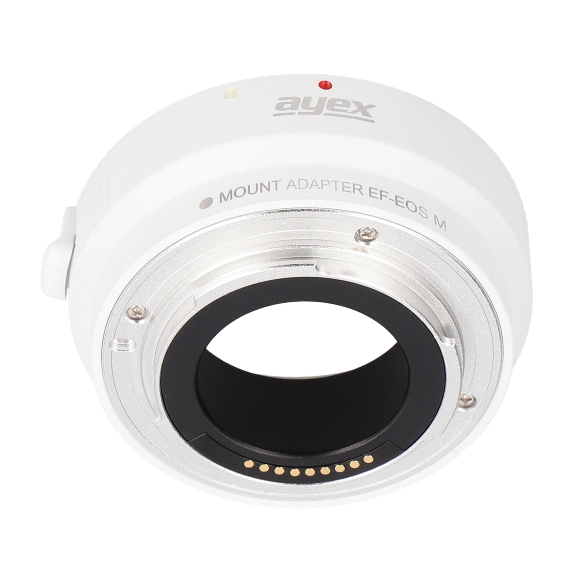 Ein weißer Kameraobjektivadapter mit dem Text 'MOUNT ADAPTER EF-EOS M' auf weißem Hintergrund.