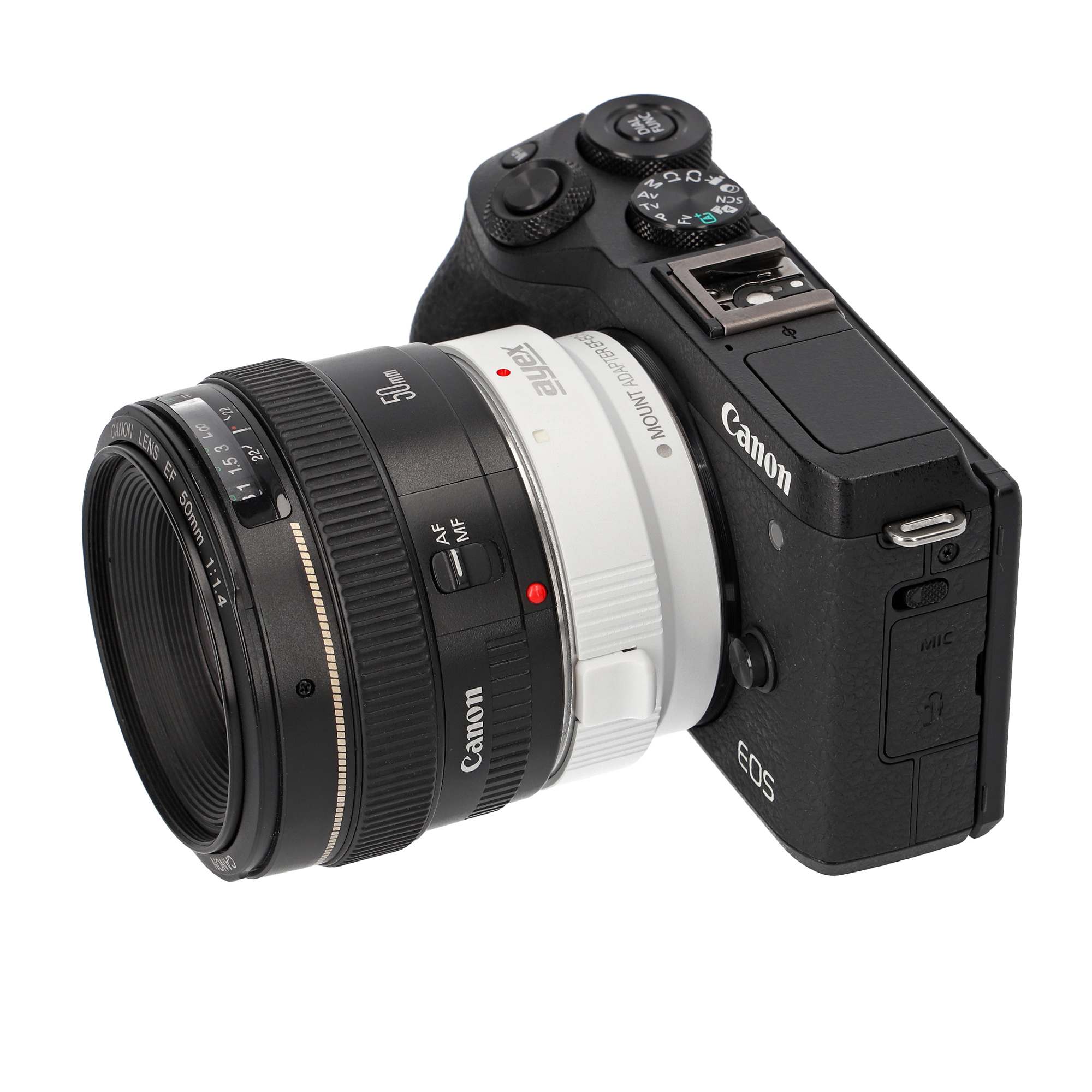 Eine Kamera mit einem Objektiv. Das Objektiv ist schwarz und weiß, mit einem Canon Adapterring.