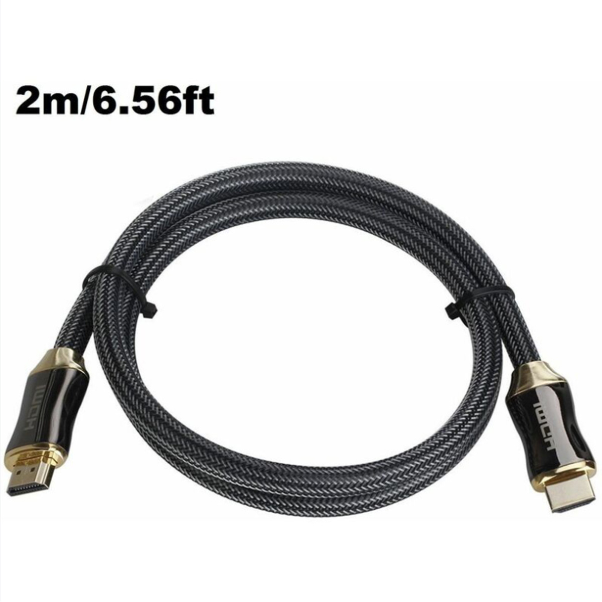 HDMI-Kabel. Es hat eine schwarze geflochtene Ummantelung und goldene Anschlüsse. Der Text 2m/6.56ft steht oben.