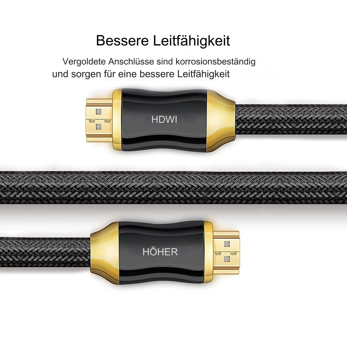 Ein HDMI-Kabel mit vergoldeten Steckern und einem schwarzen geflochtenen Kabel, auf weißem Hintergrund.