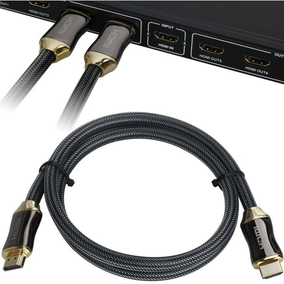 HDMI-Kabel und ein schwarzer HDMI-Switch. Die Kabel haben goldfarbene Stecker und ein geflochtenes Design.