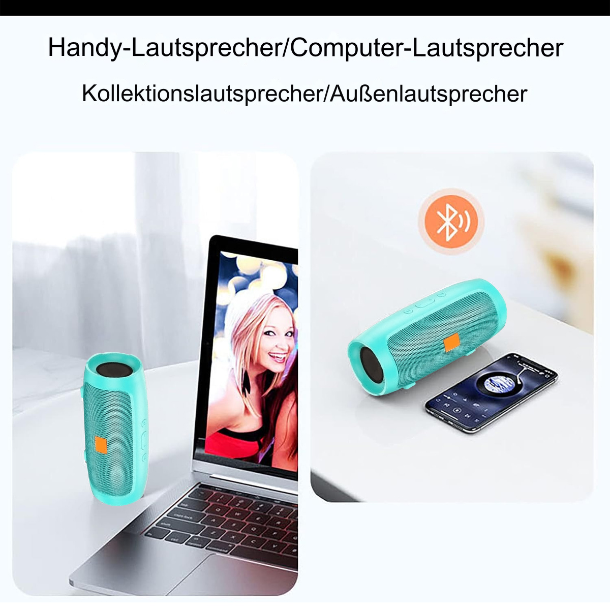 Zwei tragbare Lautsprecher und ein Laptop, ein Lautsprecher neben dem Laptop. Telefon zeigt Musik-App an.