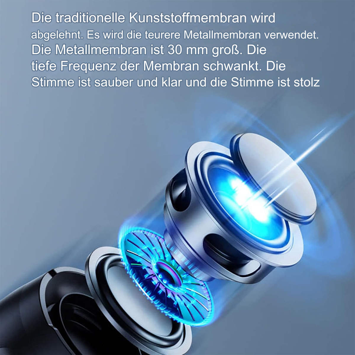 Lautsprecherkomponenten. Blauer Lichteffekt. Metallteile. Technische Illustration.