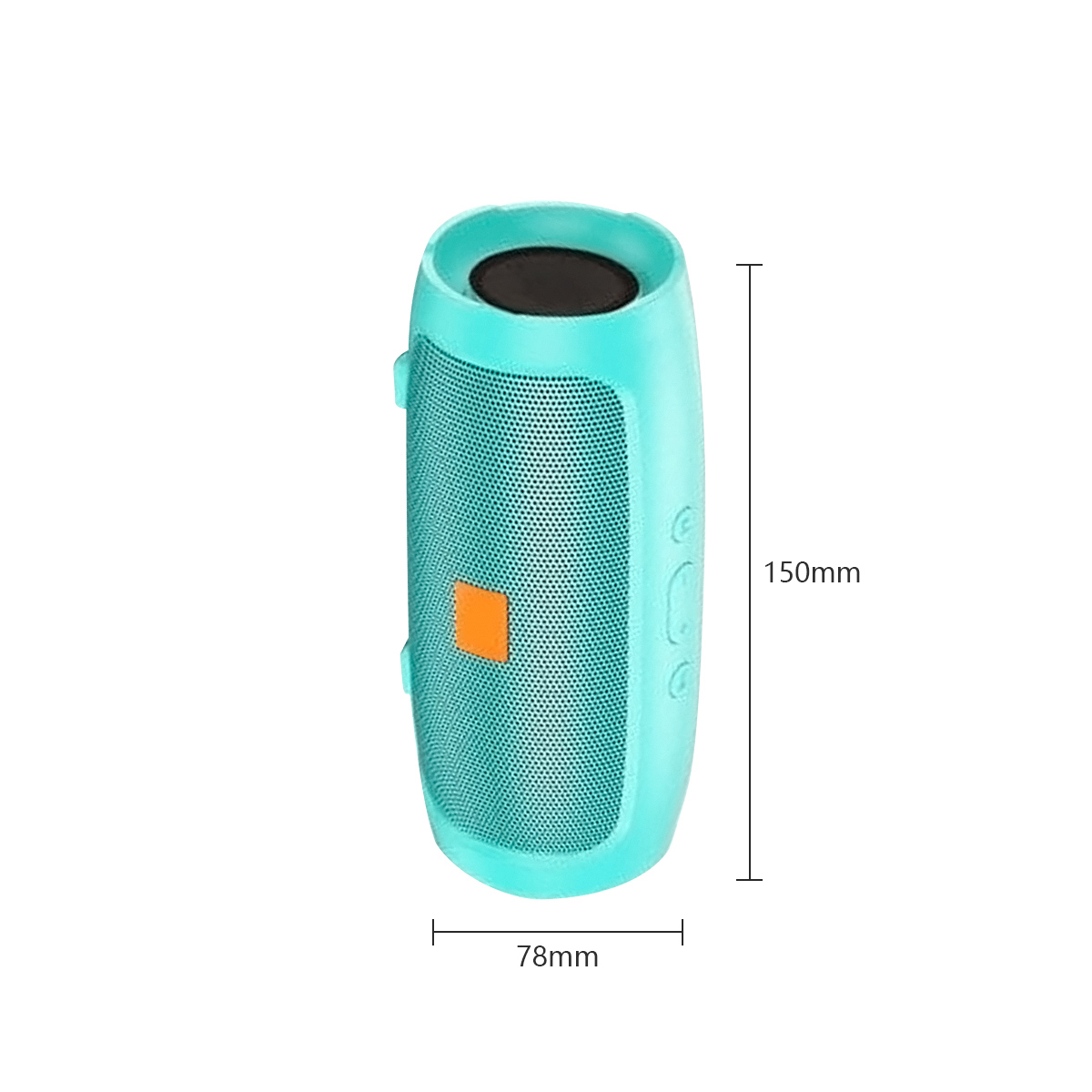 Türkisfarbener Lautsprecher mit orangefarbener Taste. Maße: 150 mm hoch und 78 mm breit.