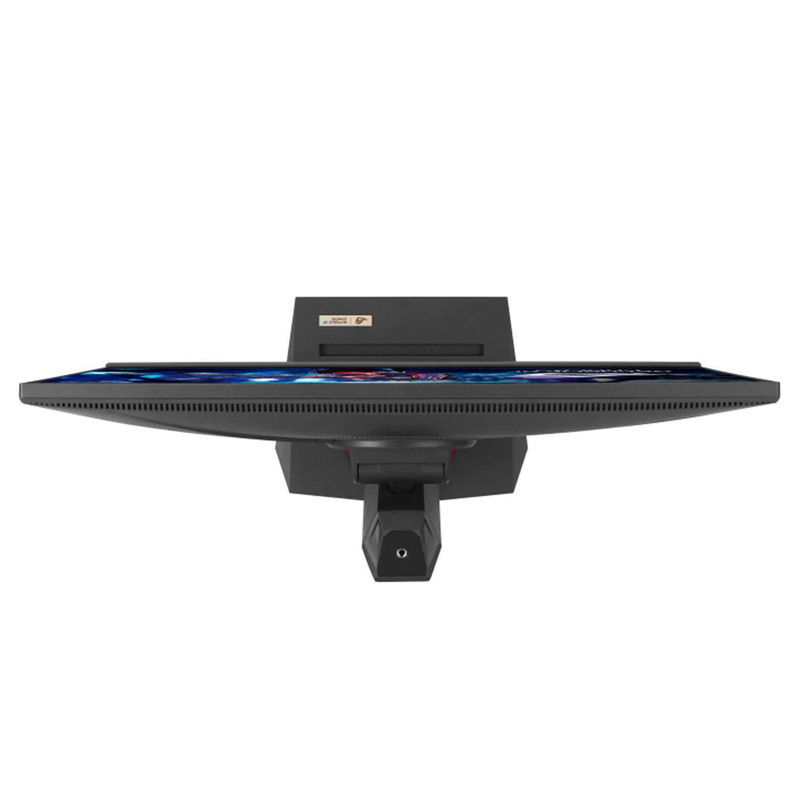 Monitor komputera z góry. Jest czarny, ze stojakiem. Tło jest białe.