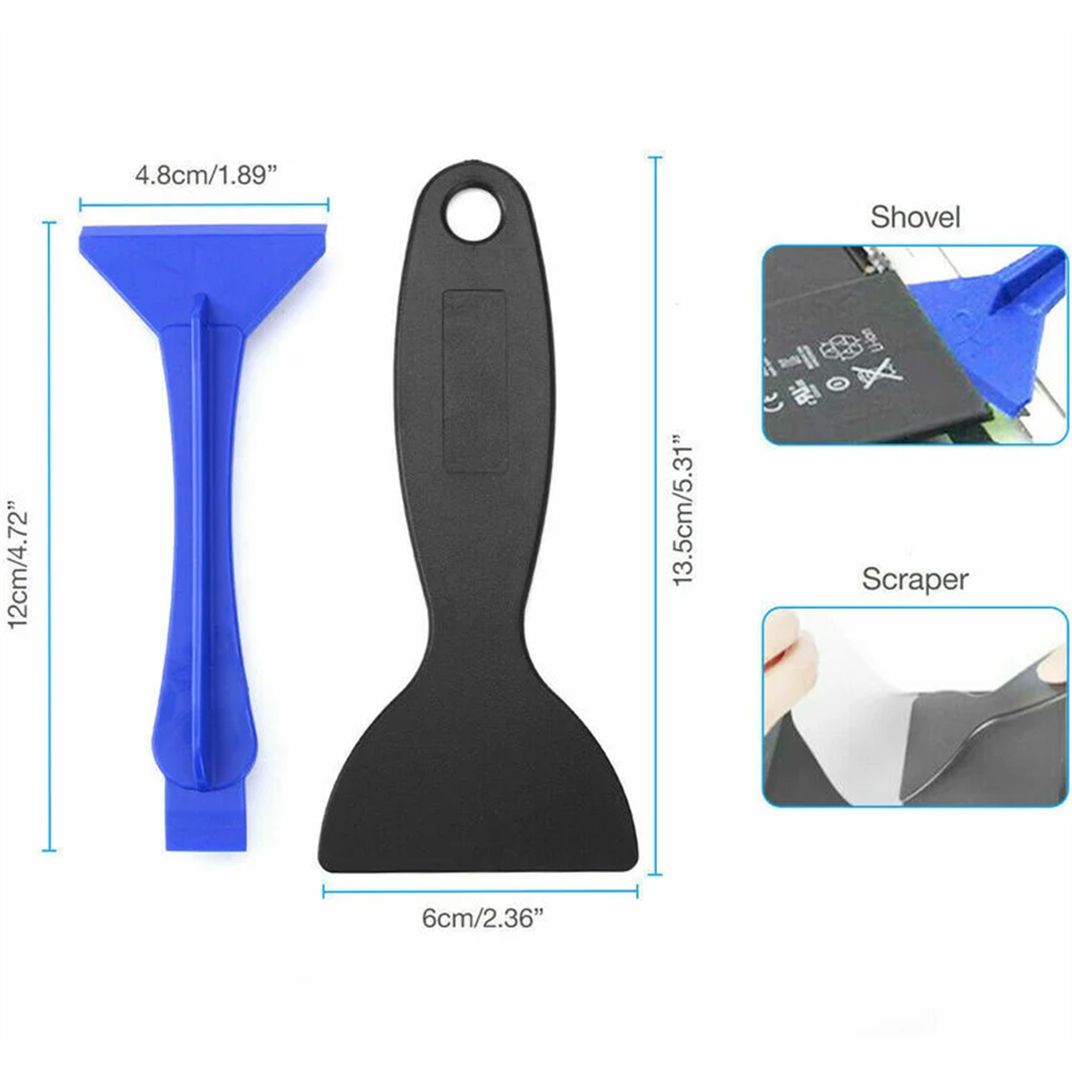 Blaue und schwarze Kunststoffwerkzeuge für die Handy-Reparatur, mit Maßen und Namen.