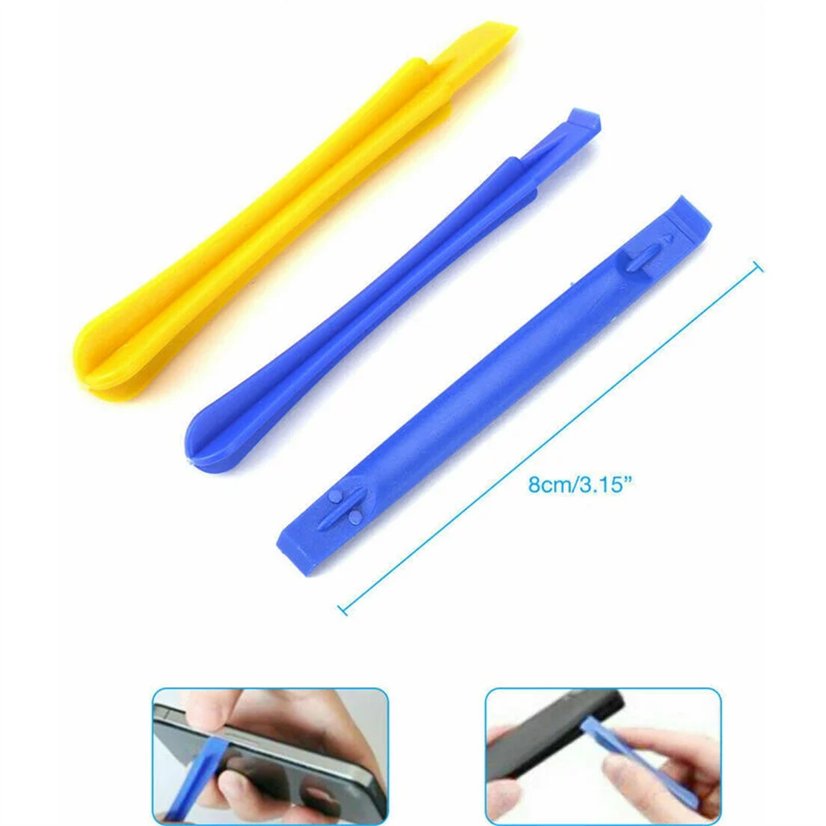 Drei Kunststoff-Pry-Tools, gelb und blau, mit Messungen. Zwei Bilder zeigen Hände, die die Tools an einem Telefon verwenden.
