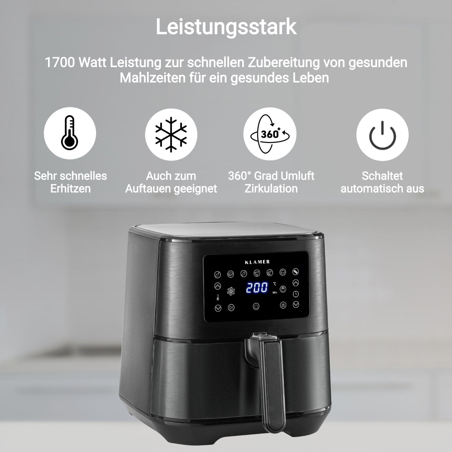 Schwarze Heißluftfritteuse mit Digitalanzeige. Text: 1700 Watt Leistung, schnelles Aufheizen, Auftauen, 360° Luftzirkulation, Abschaltautomatik.