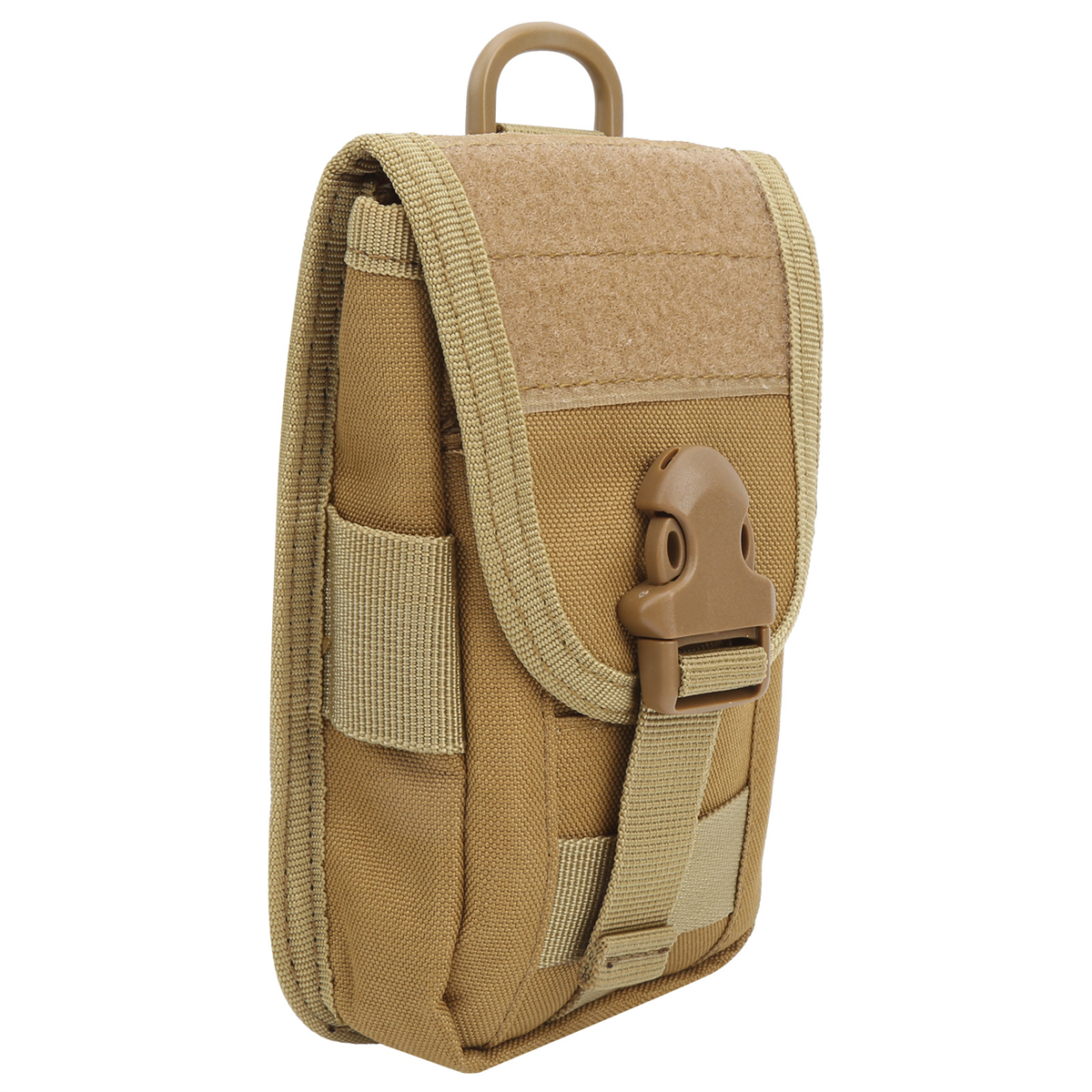 Taktische Tasche in Beige mit Schnallenverschluss und Molle-Gurtband.