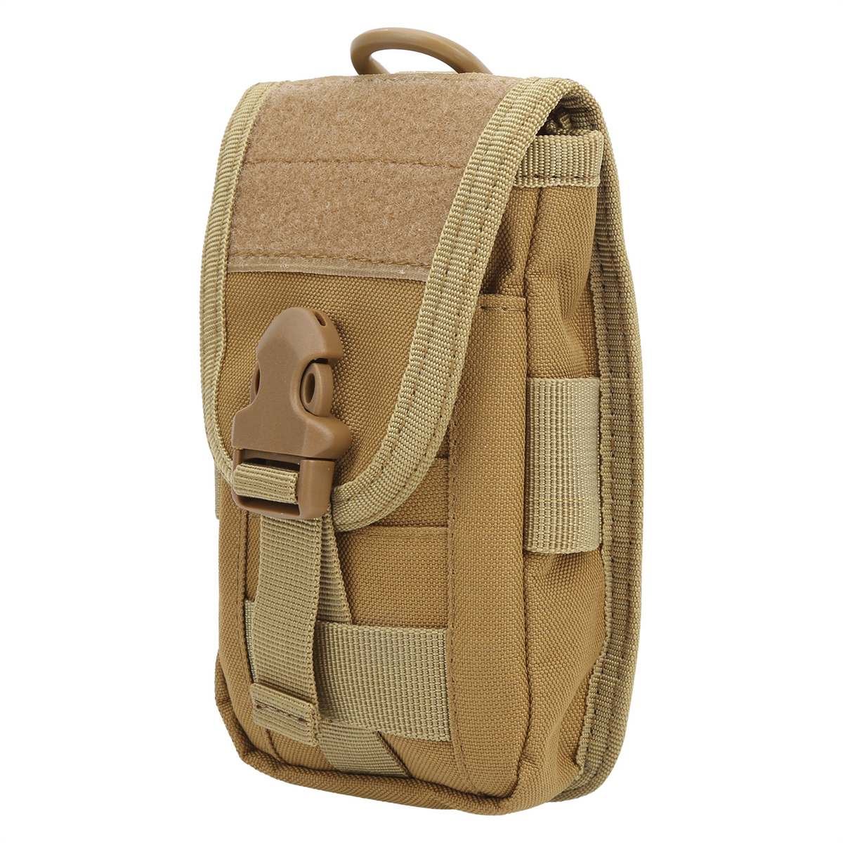 Eine hellbraune taktische Tasche mit Klappe und Schnallenverschluss, zum Tragen von Gegenständen.