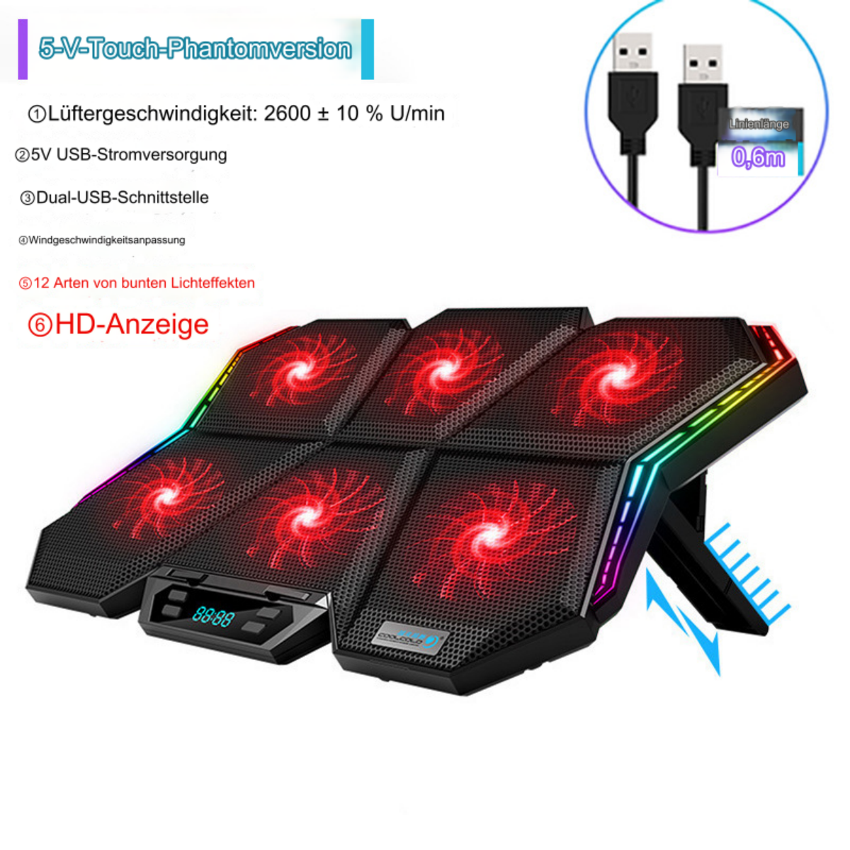 Ein schwarzer Laptop-Kühler mit roten LED-Leuchten und digitaler Anzeige.